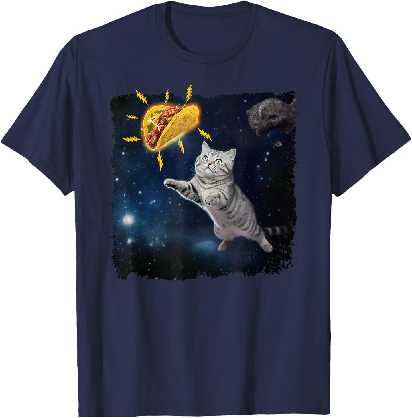 Funny Cat Astronaut and Taco in Space Mexican Food T-Shirt - T-Shirt | Navy