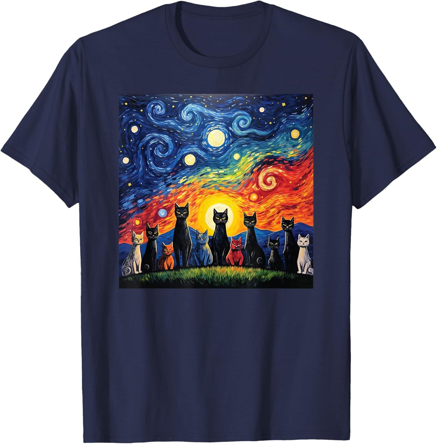cats family Painting art Starry Night kitty kitten Van Gogh T-Shirt - T-Shirt | Navy