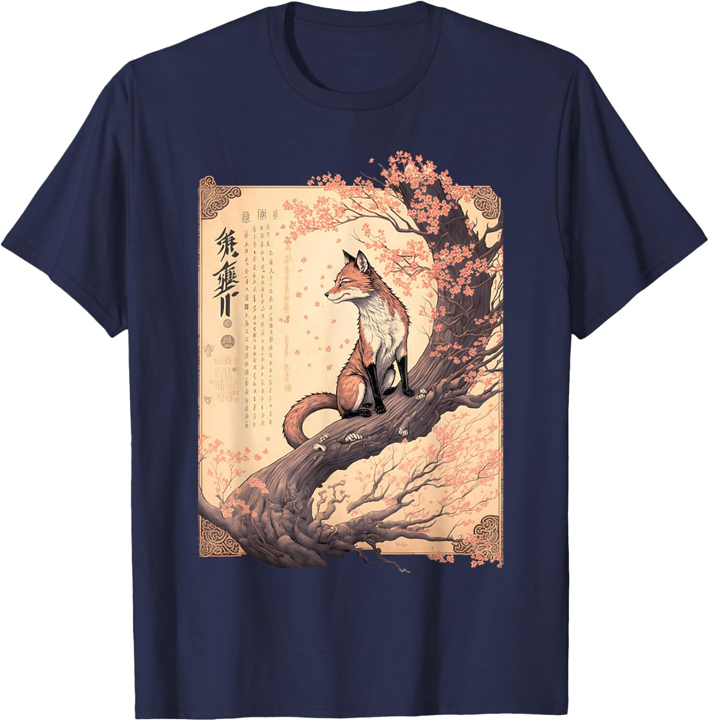 Vintage Cherry Blossom Japanese Fox Scroll Graphical Art T-Shirt - T-Shirt | Navy