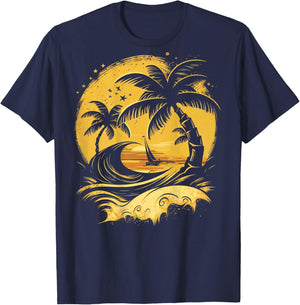 ON Back Tropical Palm Trees Sailboat Beach Island Sunset T-Shirt - T-Shirt | Navy