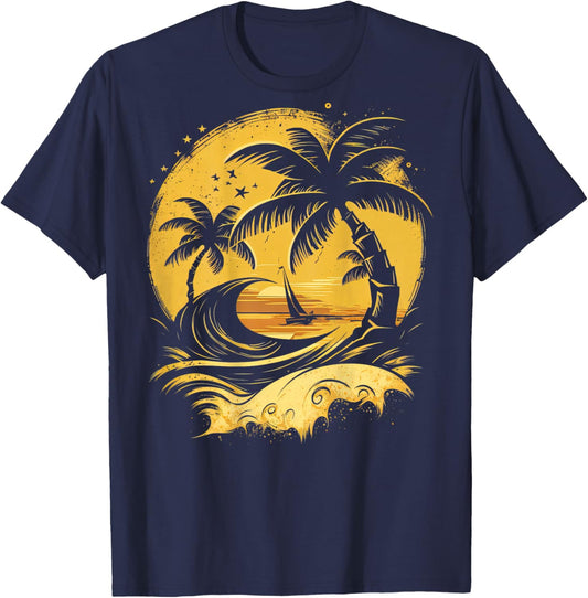 ON Back Tropical Palm Trees Sailboat Beach Island Sunset T-Shirt - T-Shirt | Navy