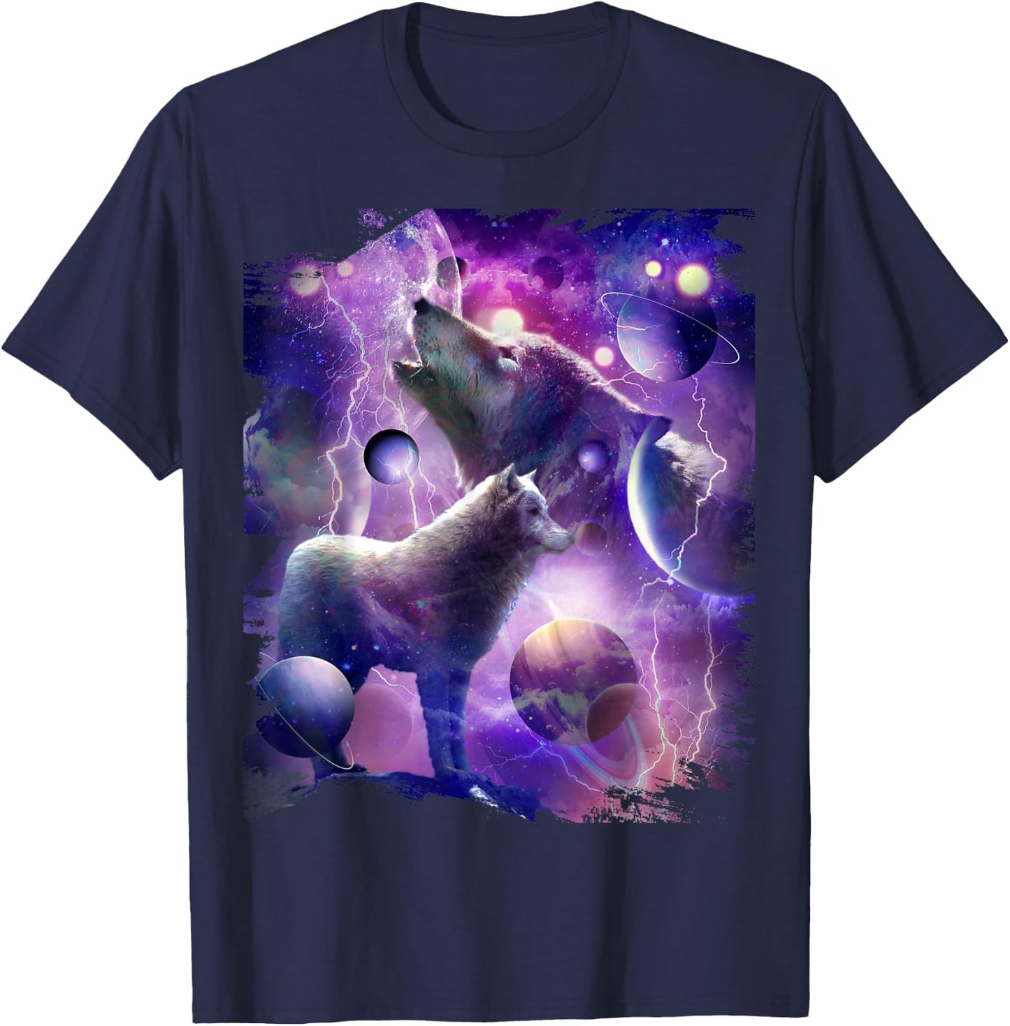 Cosmic Wolf Howling At Moon In Space T-Shirt - T-Shirt | Navy