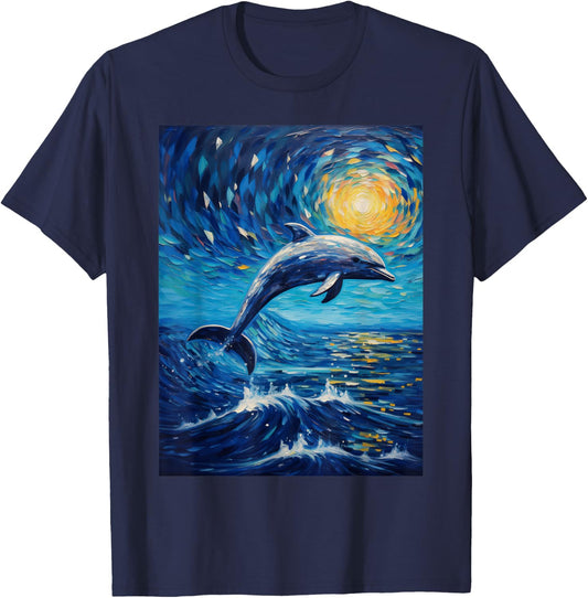 Dolphin Starry Night Van Gogh Style Graphic T-Shirt - T-Shirt | Navy