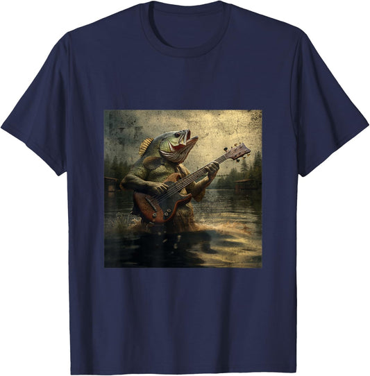 Weird Bass Fish Playing Bass Guitar Funny Cursed Meme T-Shirt - T-Shirt | Navy