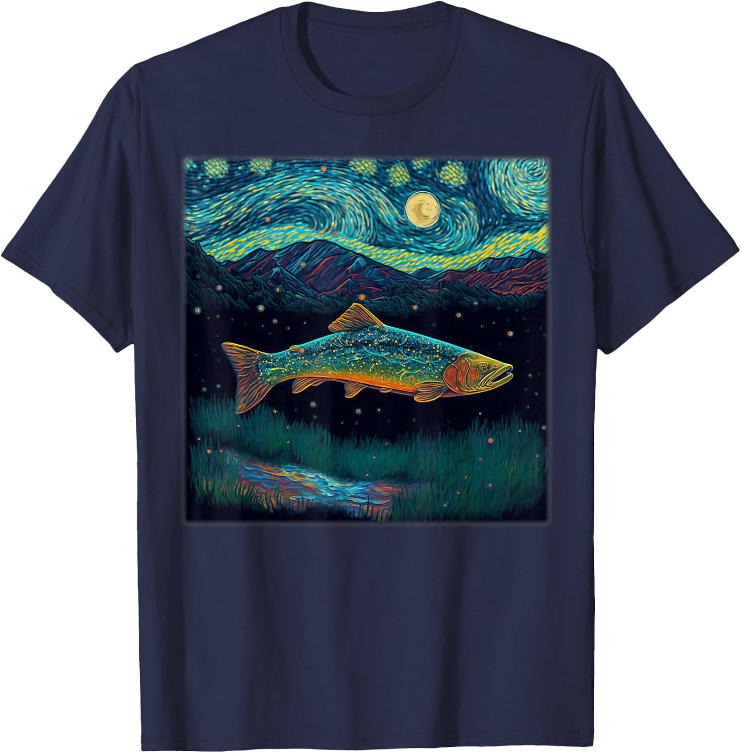 Surrealism Starry Night Brook Trout T-Shirt - T-Shirt | Navy