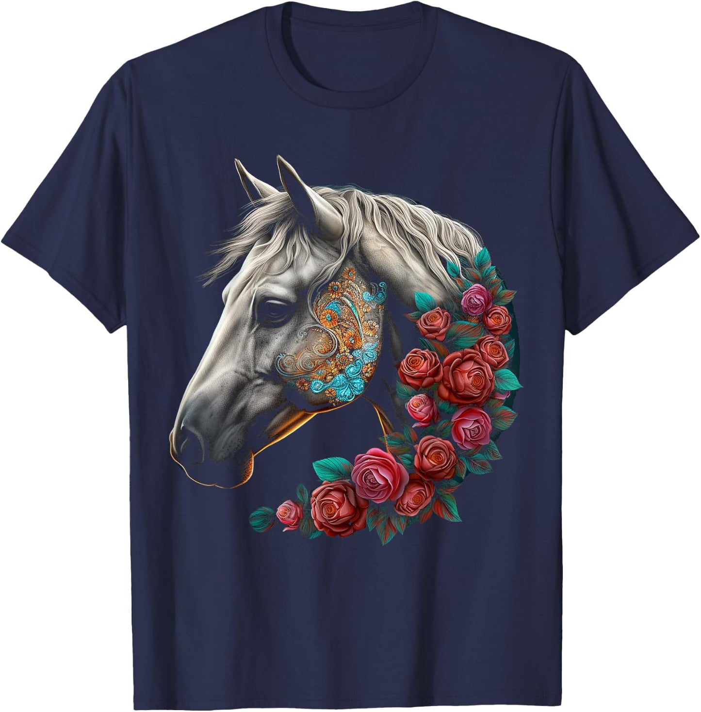 Horse Mandala Flower | Animal Motif Horse T-Shirt - T-Shirt | Navy