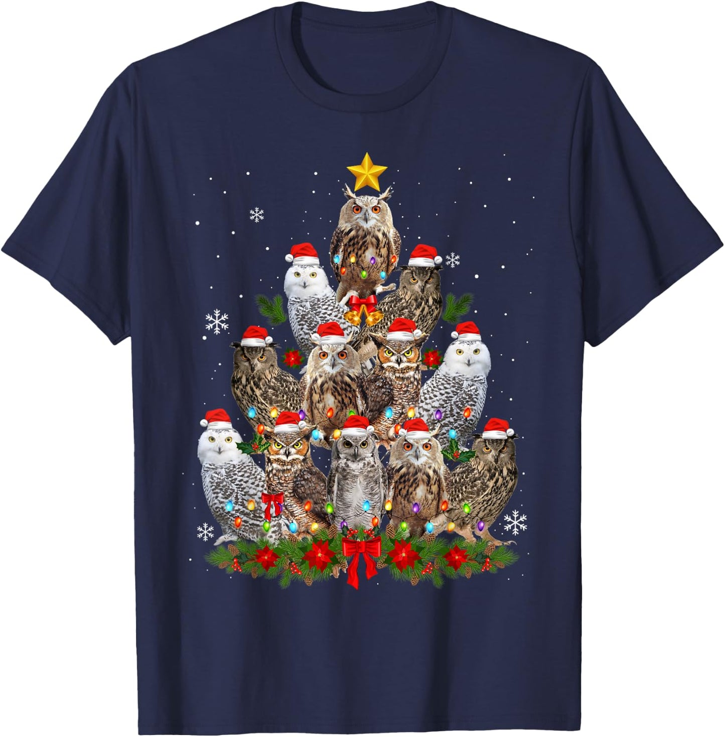 Owl Christmas Tree Owl Xmas Lights Cute Christmas Matching T-Shirt - T-Shirt | Navy