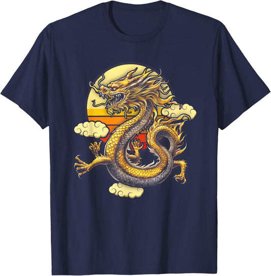 Sunset Traditional Chinese Dragon Symbol Of Power Strength T-Shirt - T-Shirt | Navy