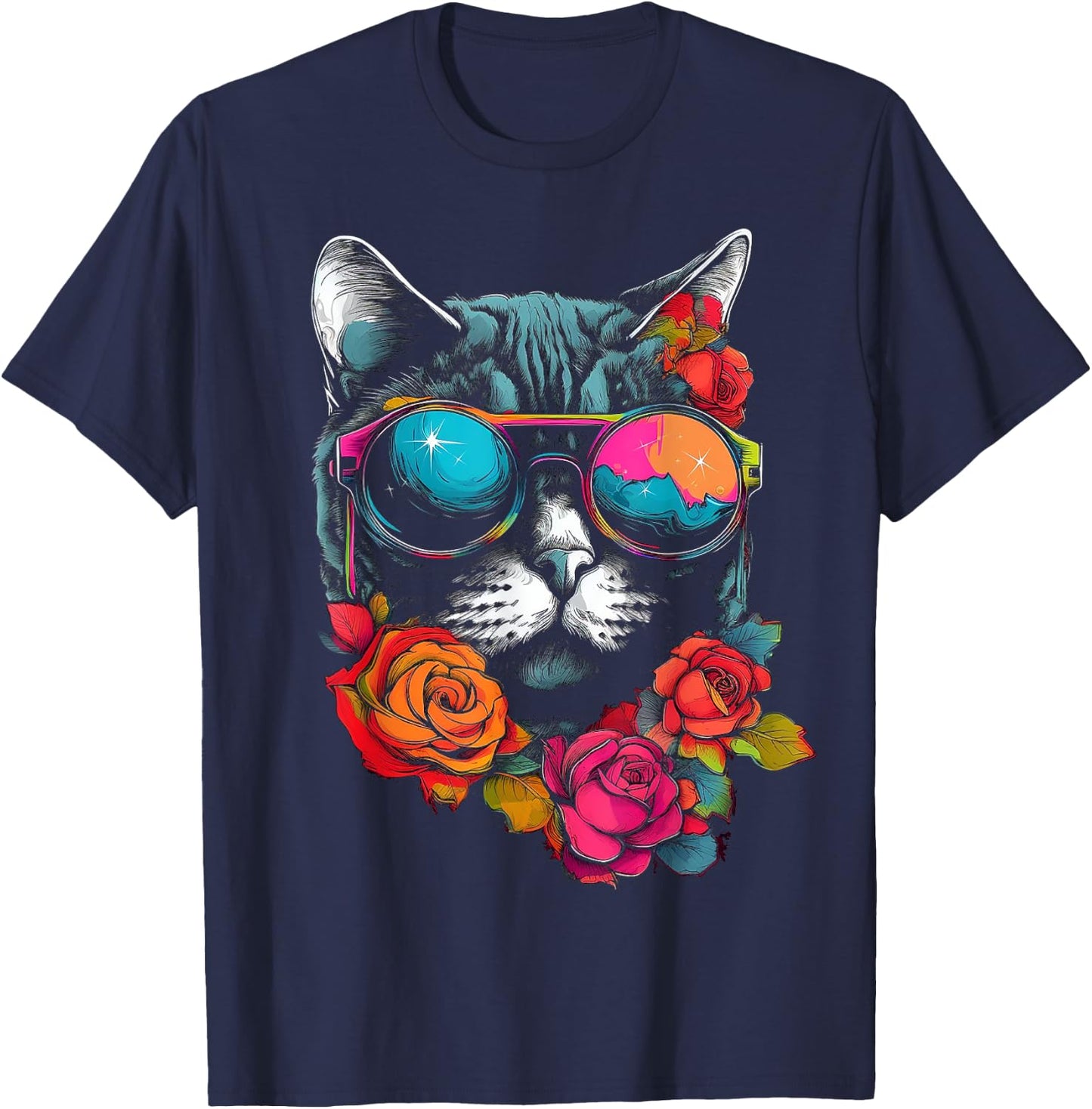 Cat Lover Artwork | Sunglasses Flower Animal Motif Cat T-Shirt - T-Shirt | Navy