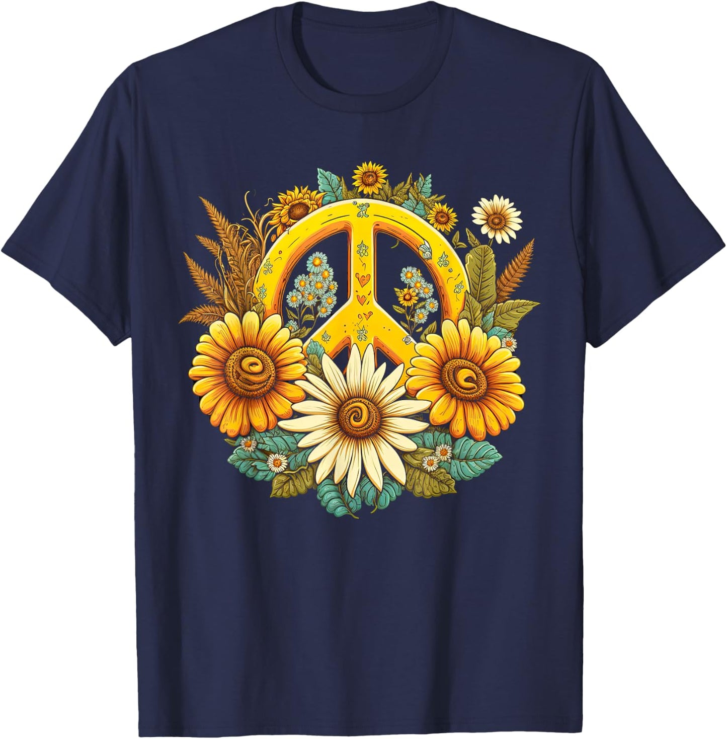 Hippie Daisy Peace Sign Retro Flowers Sunflower Groovy Vibes T-Shirt - T-Shirt | Navy
