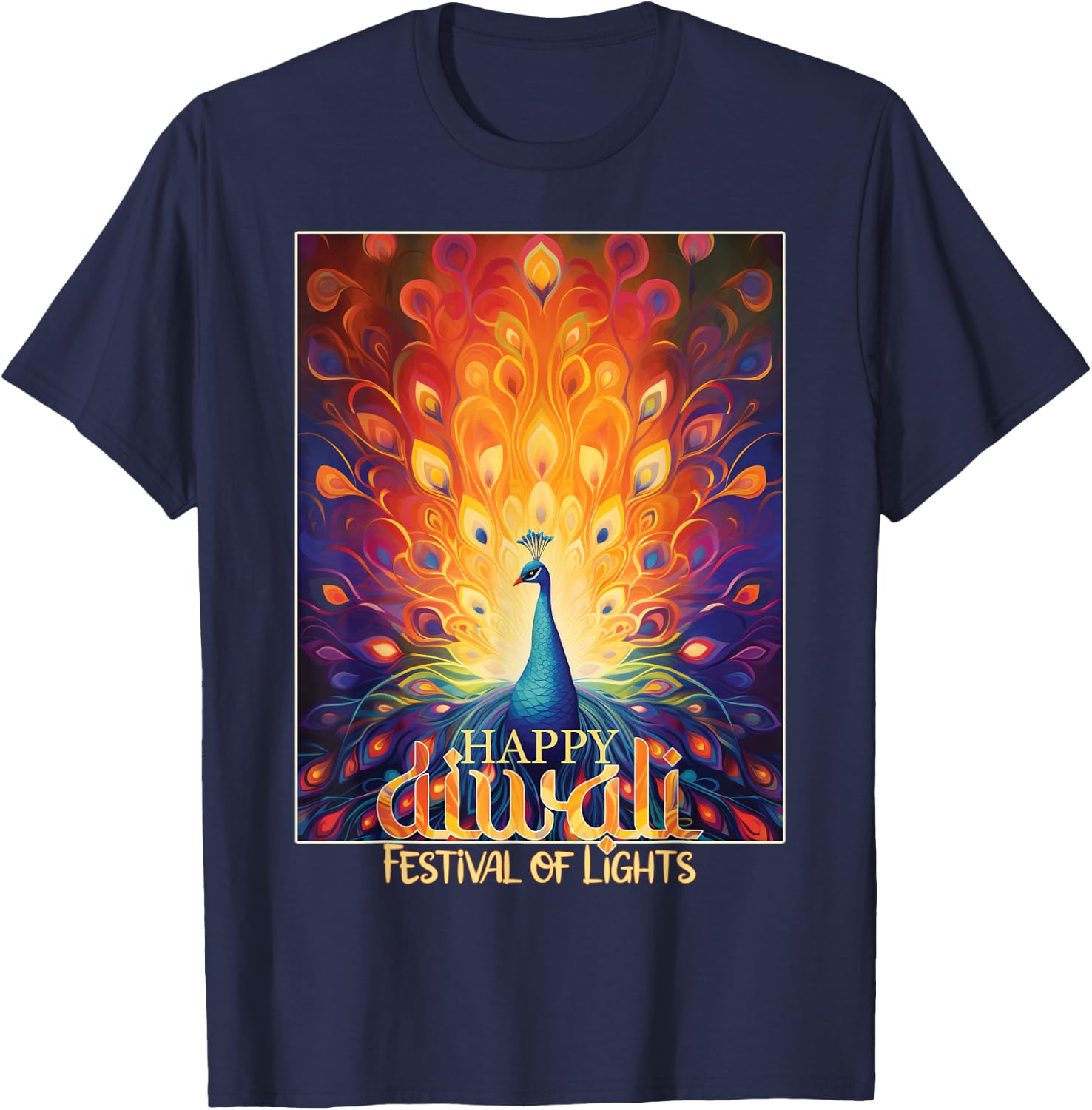 Happy Diwali Festival of Lights Vibrant Peacock Deepavali T-Shirt - T-Shirt | Navy