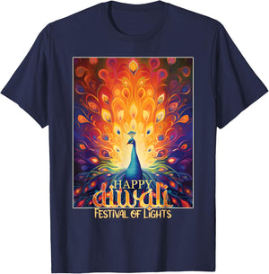 Happy Diwali Festival of Lights Vibrant Peacock Deepavali T-Shirt - T-Shirt | Navy