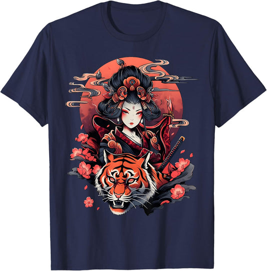 Showcase Your Love for Japanese Culture Geisha and Tiger T-Shirt - T-Shirt | Navy