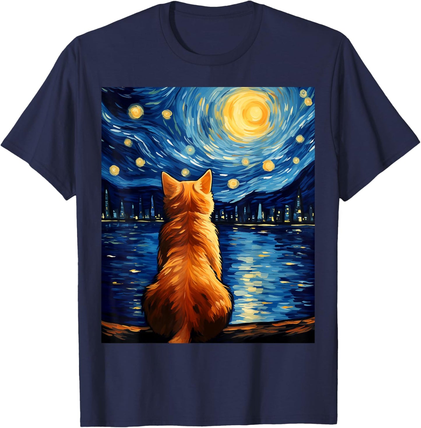 Vincent Van Gogh Starry Night Cat Funny Orange Cat Lover Women Girls Kids T-Shirt - T-Shirt | Navy