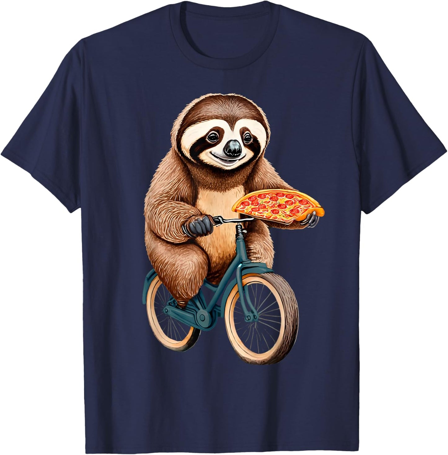 Sloth Riding a Bicycle Eating Pizza - I love sloth and Pizza T-Shirt - T-Shirt | Navy