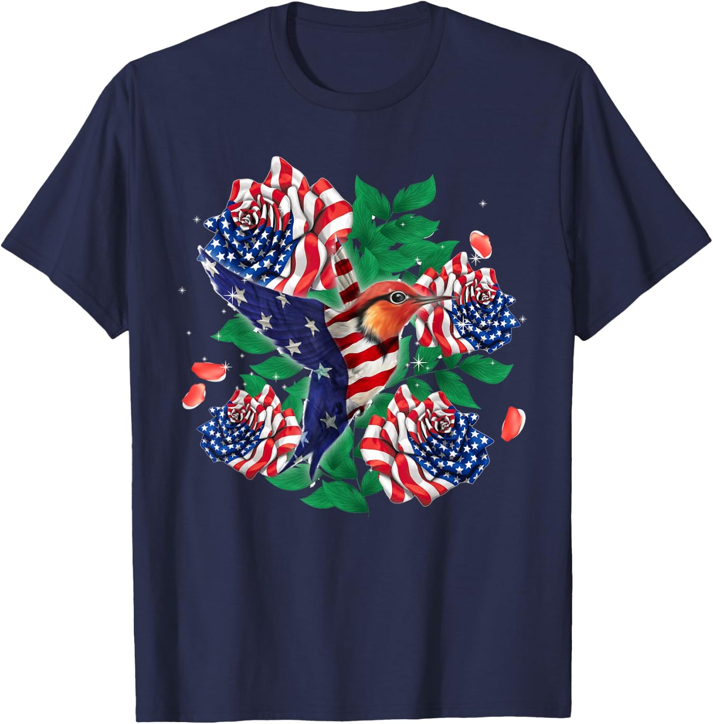 Hummingbird and Rose American Flag Patriotic 4th Of July Men T-Shirt - T-Shirt | Navy
