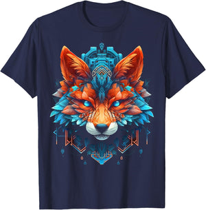 Fox Mandala Blue Eyes Animal Art Fox T-Shirt - T-Shirt | Navy