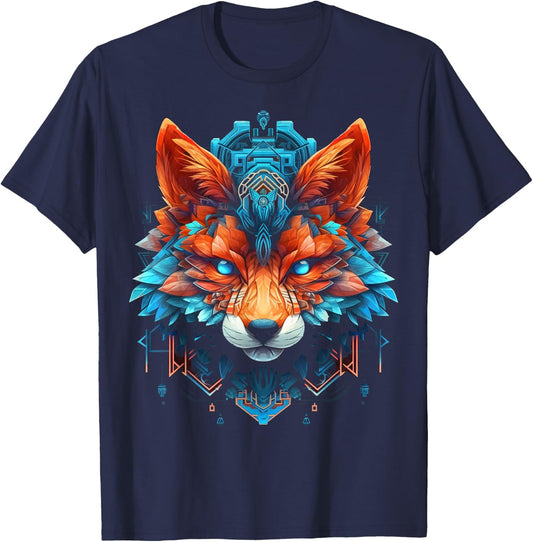 Fox Mandala Blue Eyes Animal Art Fox T-Shirt - T-Shirt | Navy