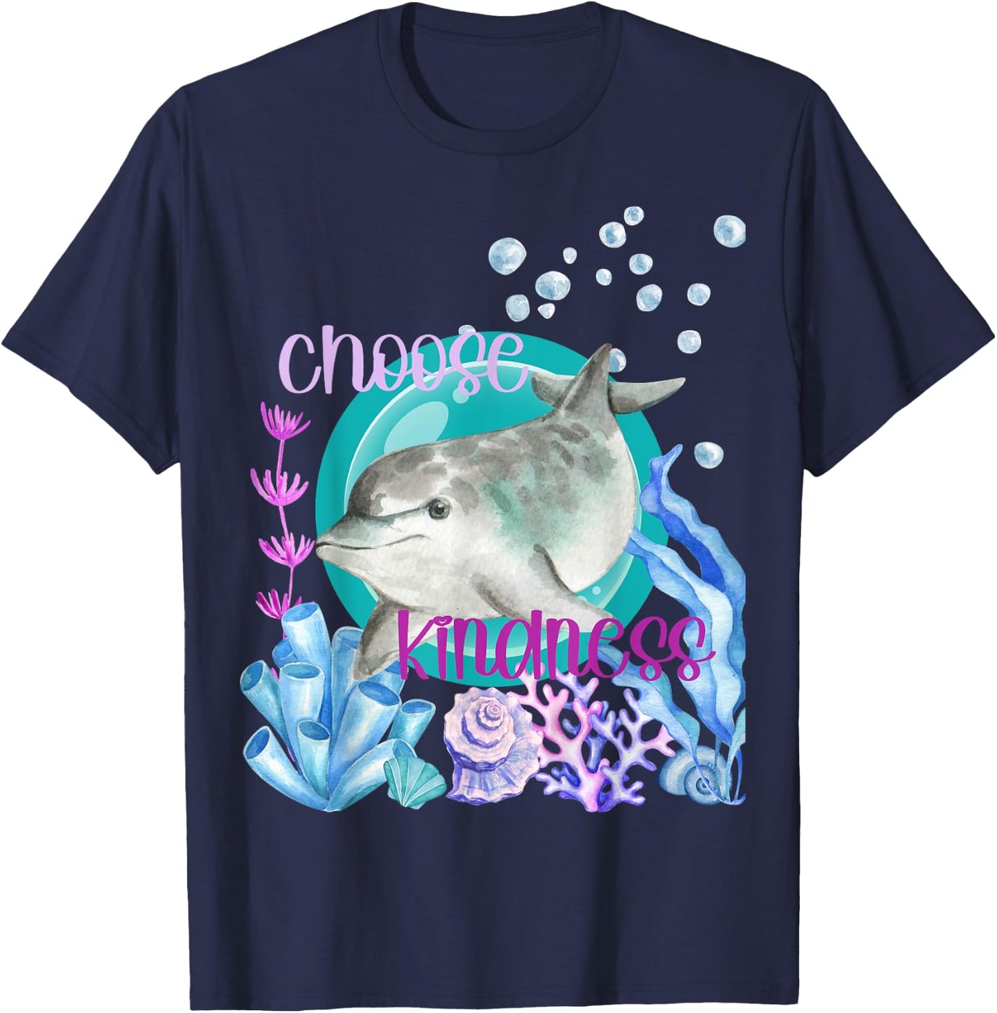 Dolphin Lover Choose Kindness Inspirational Watercolor Ocean T-Shirt - T-Shirt | Navy