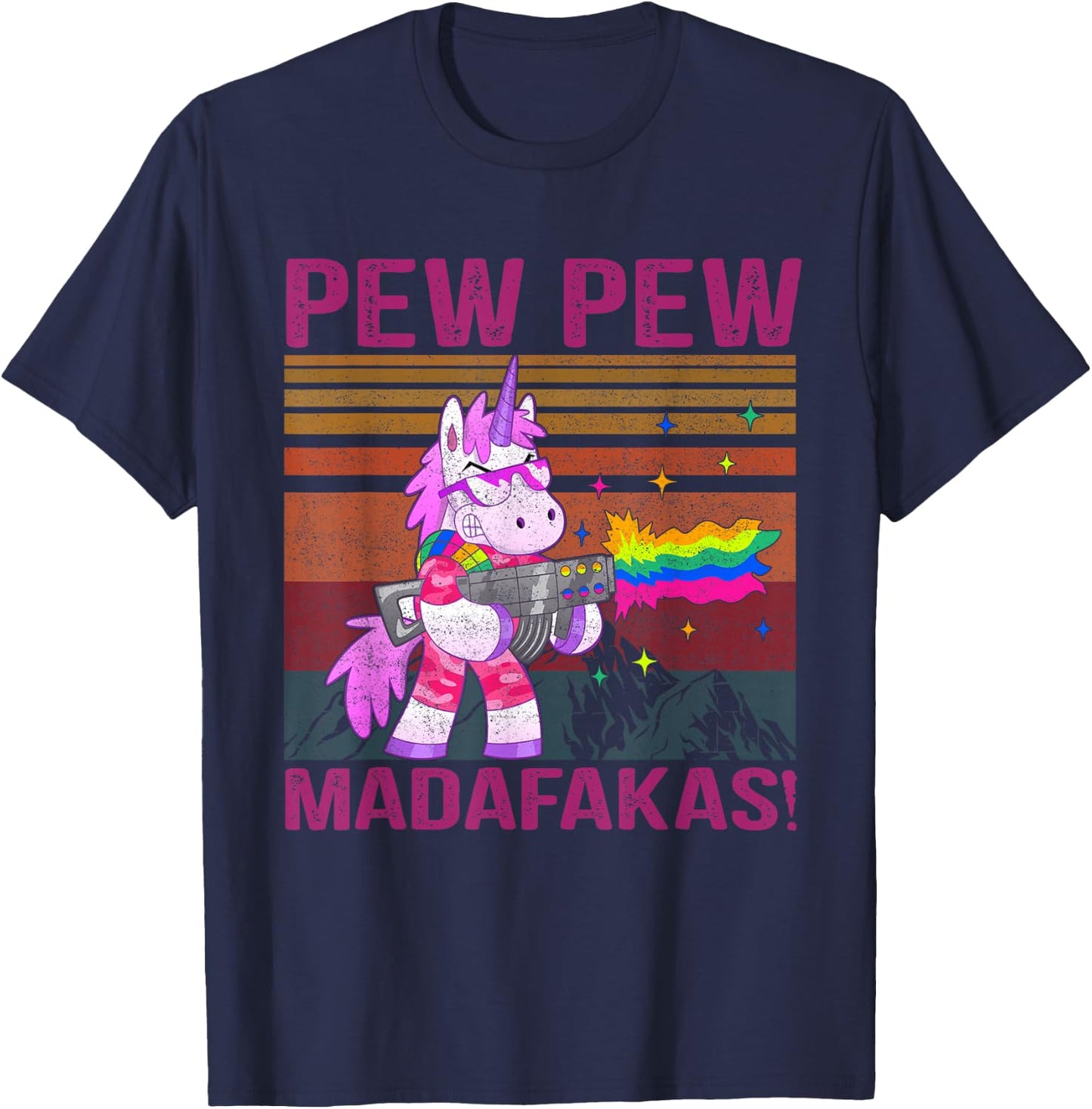 Unicorn Pew Pew Madafaka's Vintage Crazy Cat Funny Graphic Women T-Shirt - T-Shirt | Navy