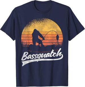 Bigfoot Fishing Retro Sunset Bigfoot Believer Bassquatch T-Shirt - T-Shirt | Navy