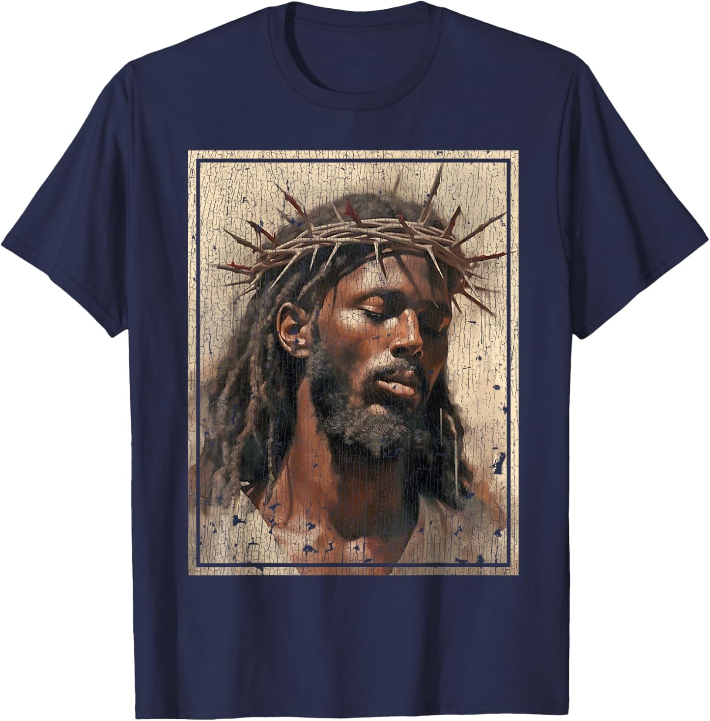 Black Jesus Shirt Face Of Jesus Cross With Crown Of Thorns T-Shirt - T-Shirt | Navy