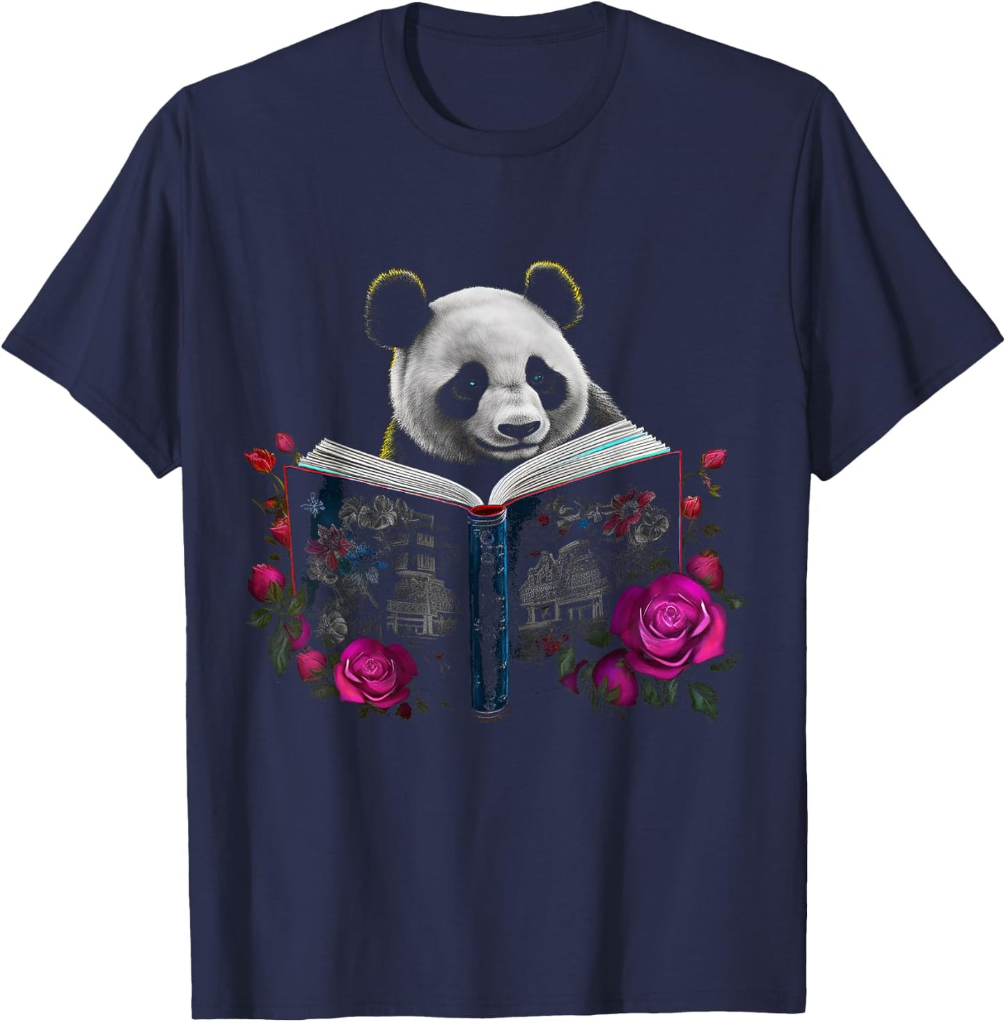 Panda reading a Book - Flowers | Animal Rose Motif Panda T-Shirt - T-Shirt | Navy
