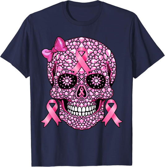 Sugar Skull Pink Ribbon Breast Cancer Awareness Girls Women T-Shirt - T-Shirt | Navy