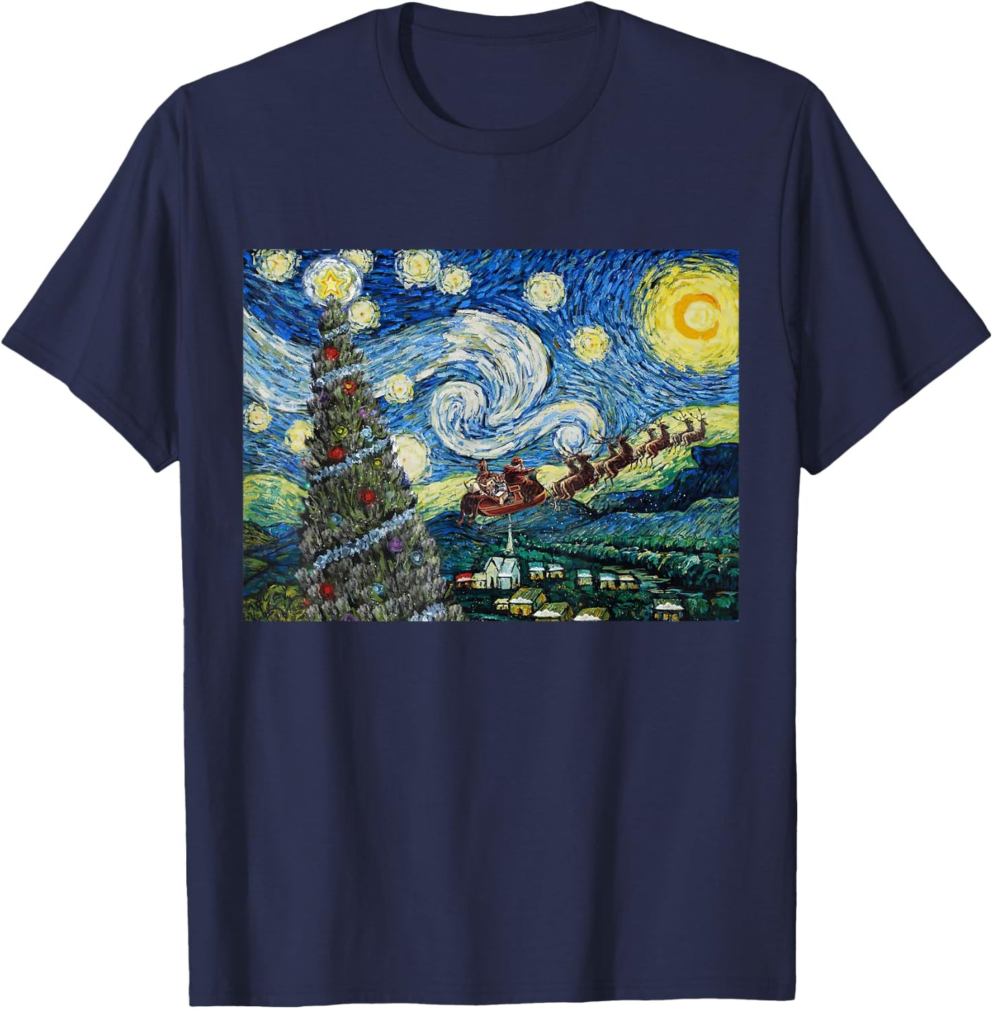 Funny Christmas Tree Van Gogh Starry Night Xmas Art Gifts PJ T-Shirt - T-Shirt | Navy