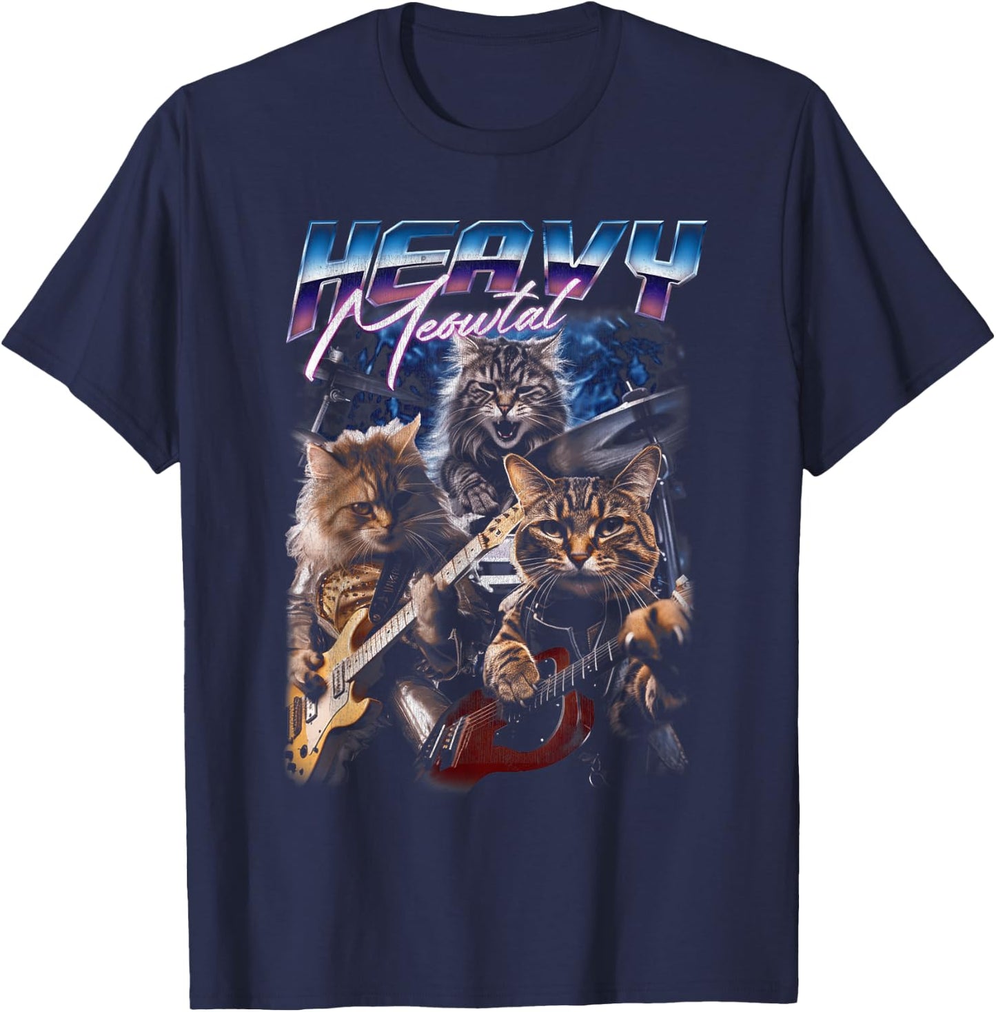 Heavy Meowtal Distressed Rock Cat Playing Guitar Music Bands T-Shirt - T-Shirt | Navy