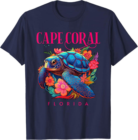 Cape Coral Florida Floral Beach Turtle Souvenir T-Shirt - T-Shirt | Navy
