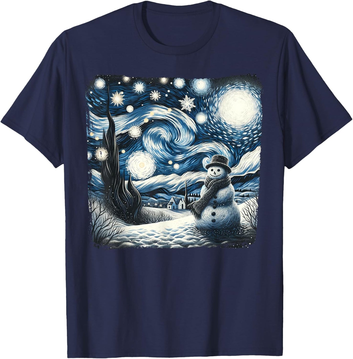 Van Gogh Starry Night Christmas Snowman Winter Snowy Night T-Shirt - T-Shirt | Navy