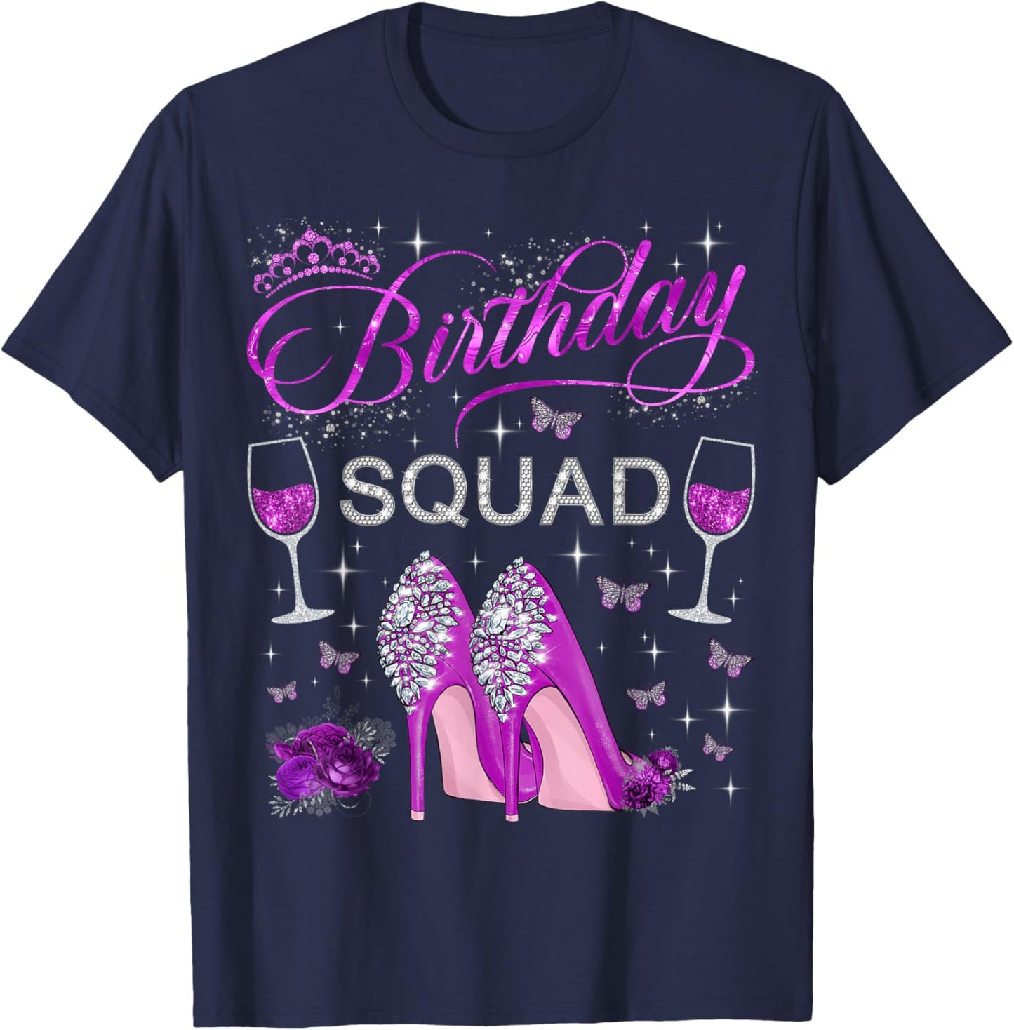 Birthday Squad Purple Butterflies High Heels Diva Squad T-Shirt - T-Shirt | Navy