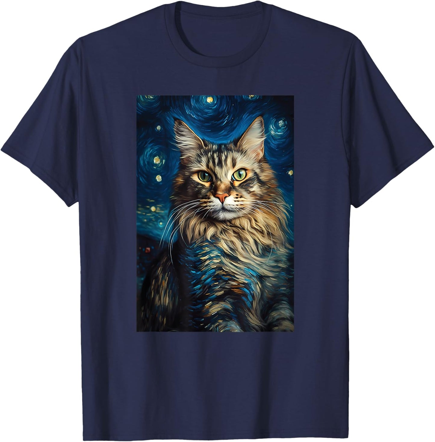 Maine Coon cat painting kitten Van Gogh art Starry Night sky Men Women Kids T-Shirt - T-Shirt | Navy
