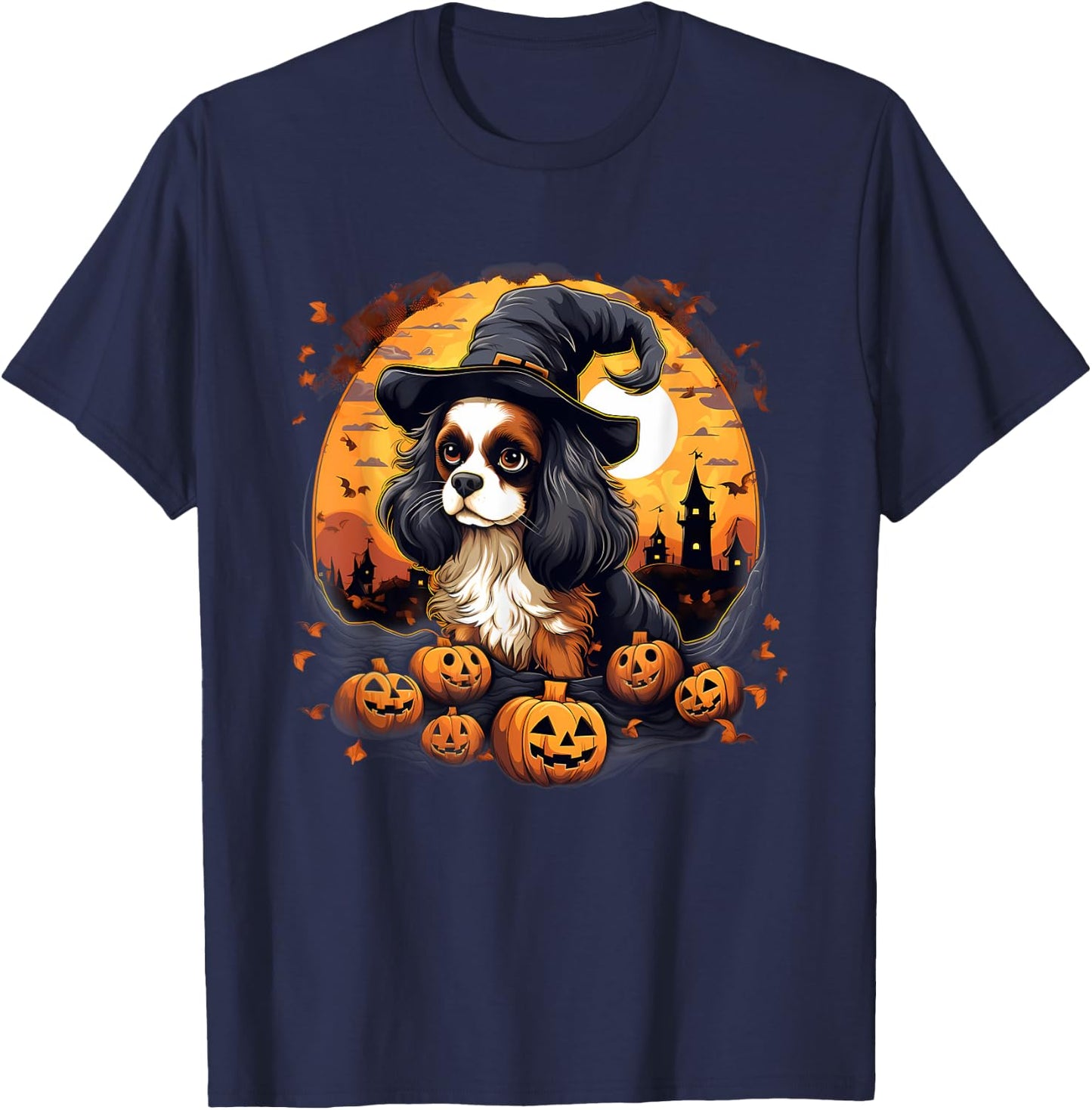 Spooky Cavalier King Charles Spaniel Dog Witch Halloween T-Shirt - T-Shirt | Navy