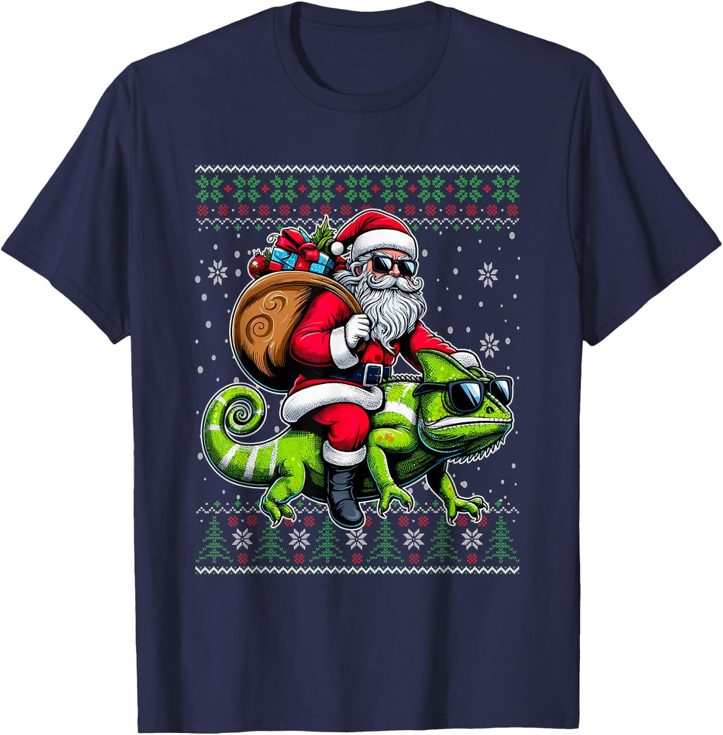 Christmas Santa Riding Chameleon Ugly Christmas Sweater T-Shirt - T-Shirt | Navy