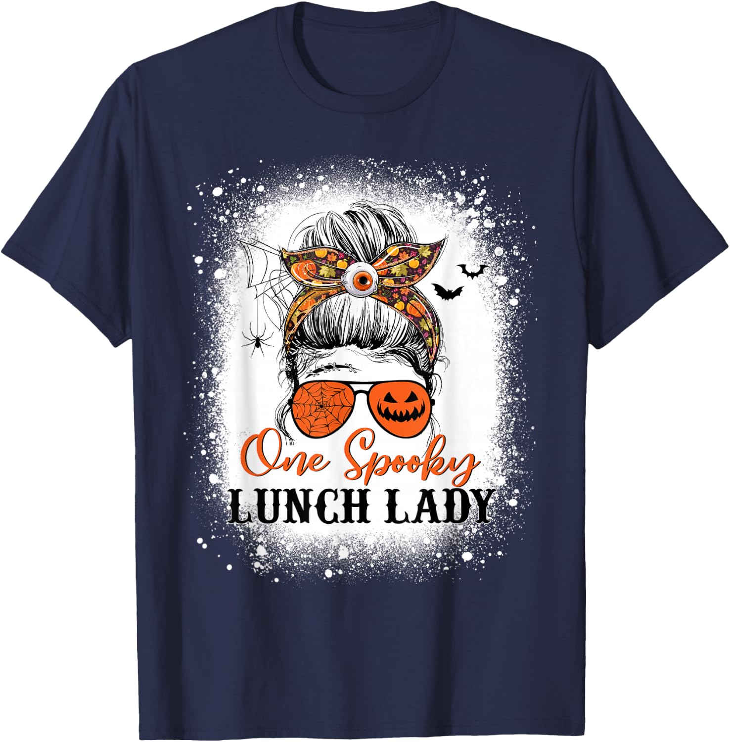 One Spooky Lunch Lady Halloween Fall Messy Bun Sunglasses T-Shirt - T-Shirt | Navy