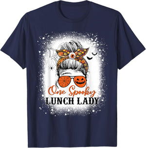 One Spooky Lunch Lady Halloween Fall Messy Bun Sunglasses T-Shirt - T-Shirt | Navy
