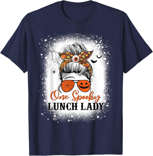 One Spooky Lunch Lady Halloween Fall Messy Bun Sunglasses T-Shirt - T-Shirt | Navy