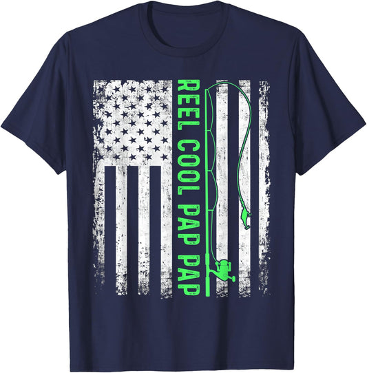 Reel Cool Pap Pap American Flag Funny Pap Pap Fisherman T-Shirt - T-Shirt | Navy
