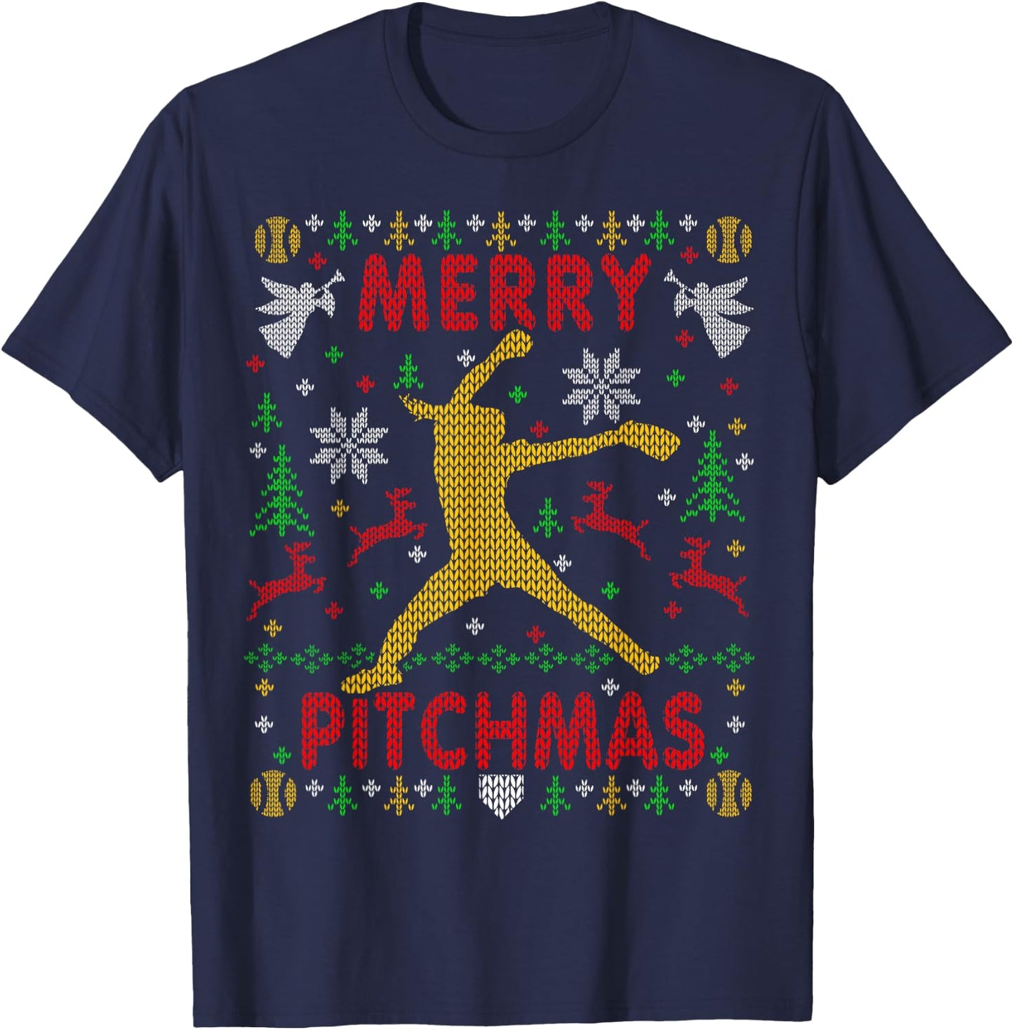 Merry Pitchmas Fastpitch Softball Pitcher Ugly Christmas T-Shirt - T-Shirt | Navy