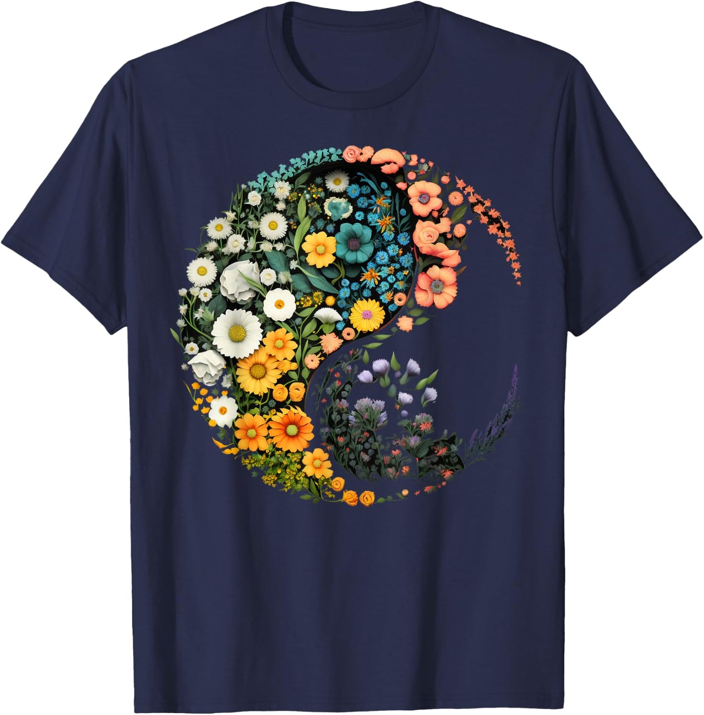 Flower Taoism Yin Yang Symbol on Zen Taijitu Yin Yang T-Shirt - T-Shirt | Navy