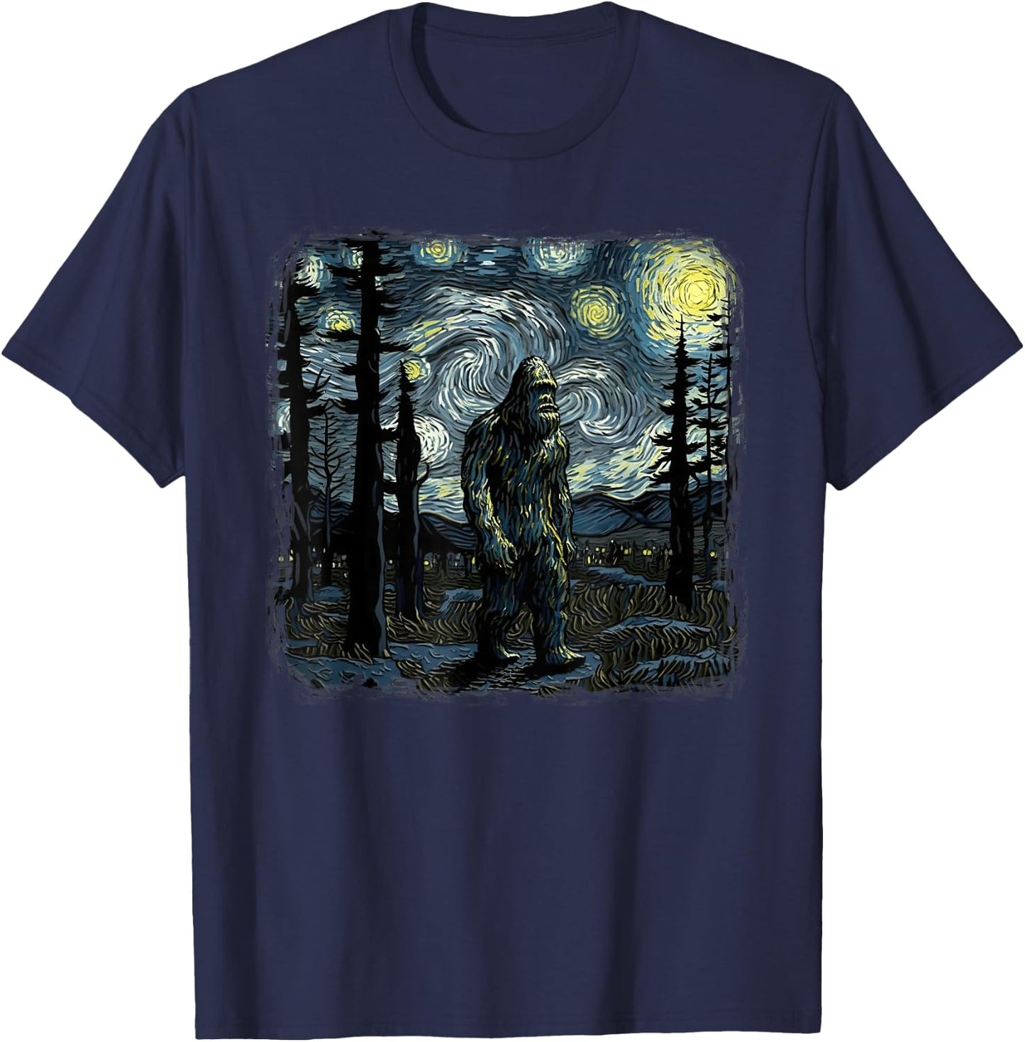 Bigfoot Starry Night Sasquatch Van Gogh Sky Painting Art T-Shirt - T-Shirt | Navy