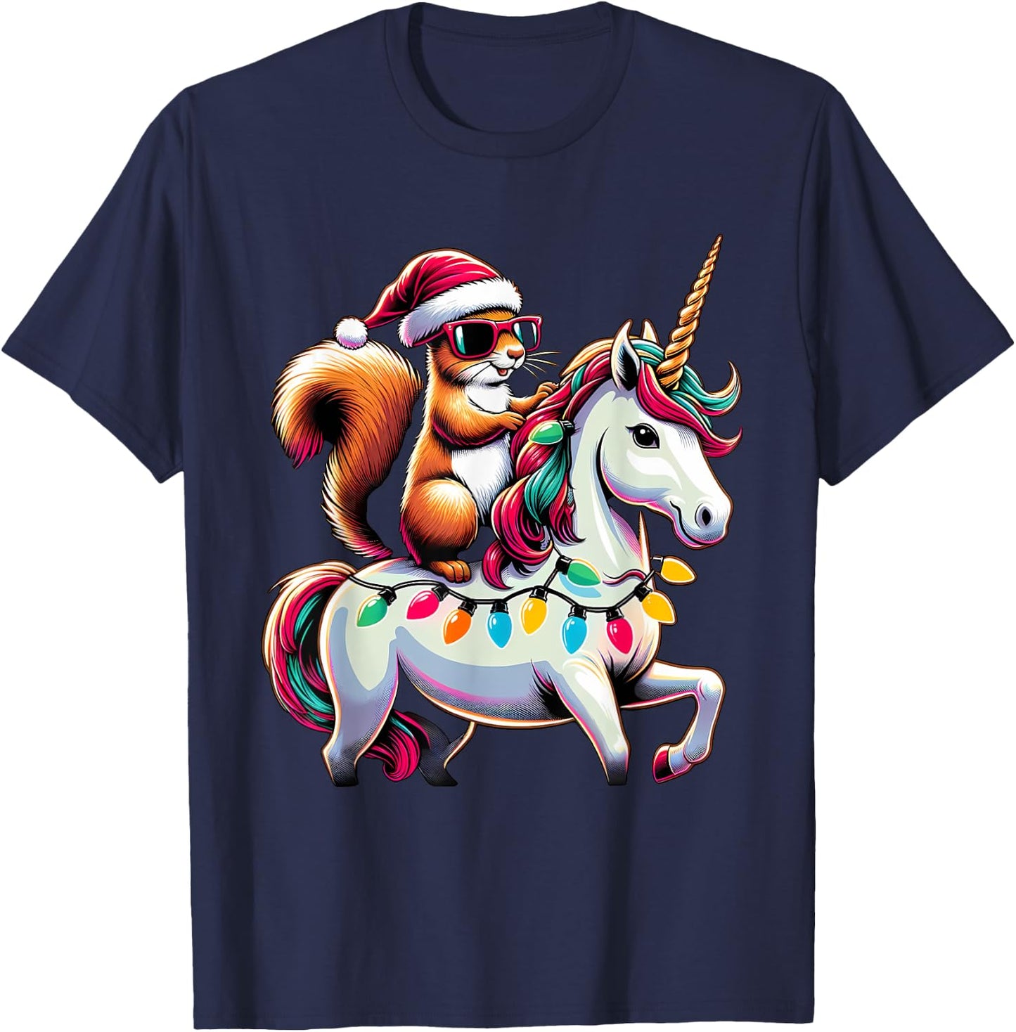 Christmas Lights Squirrel Riding Unicorn T-Shirt - T-Shirt | Navy