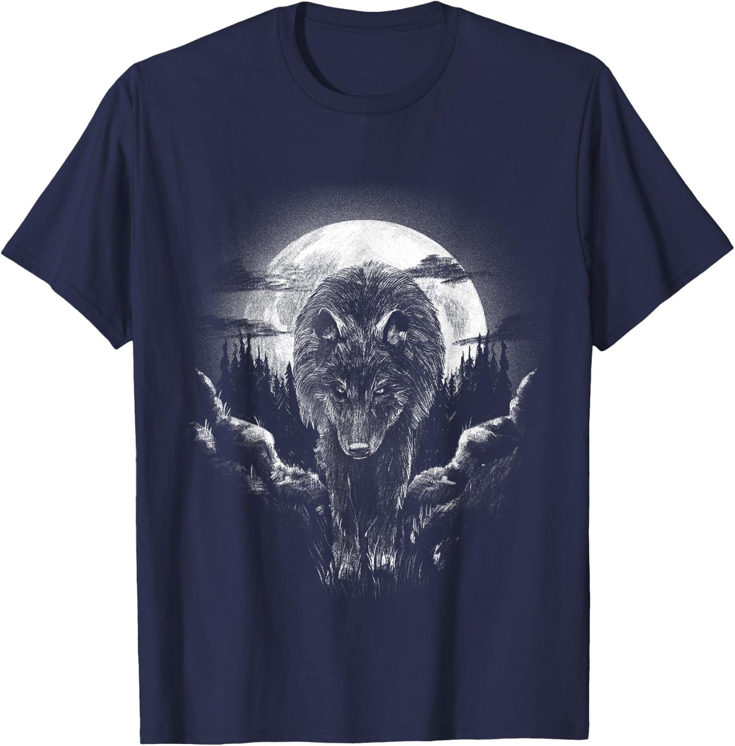 Wolf Animal Moon Drawing Animal Motif Wolf T-Shirt - T-Shirt | Navy
