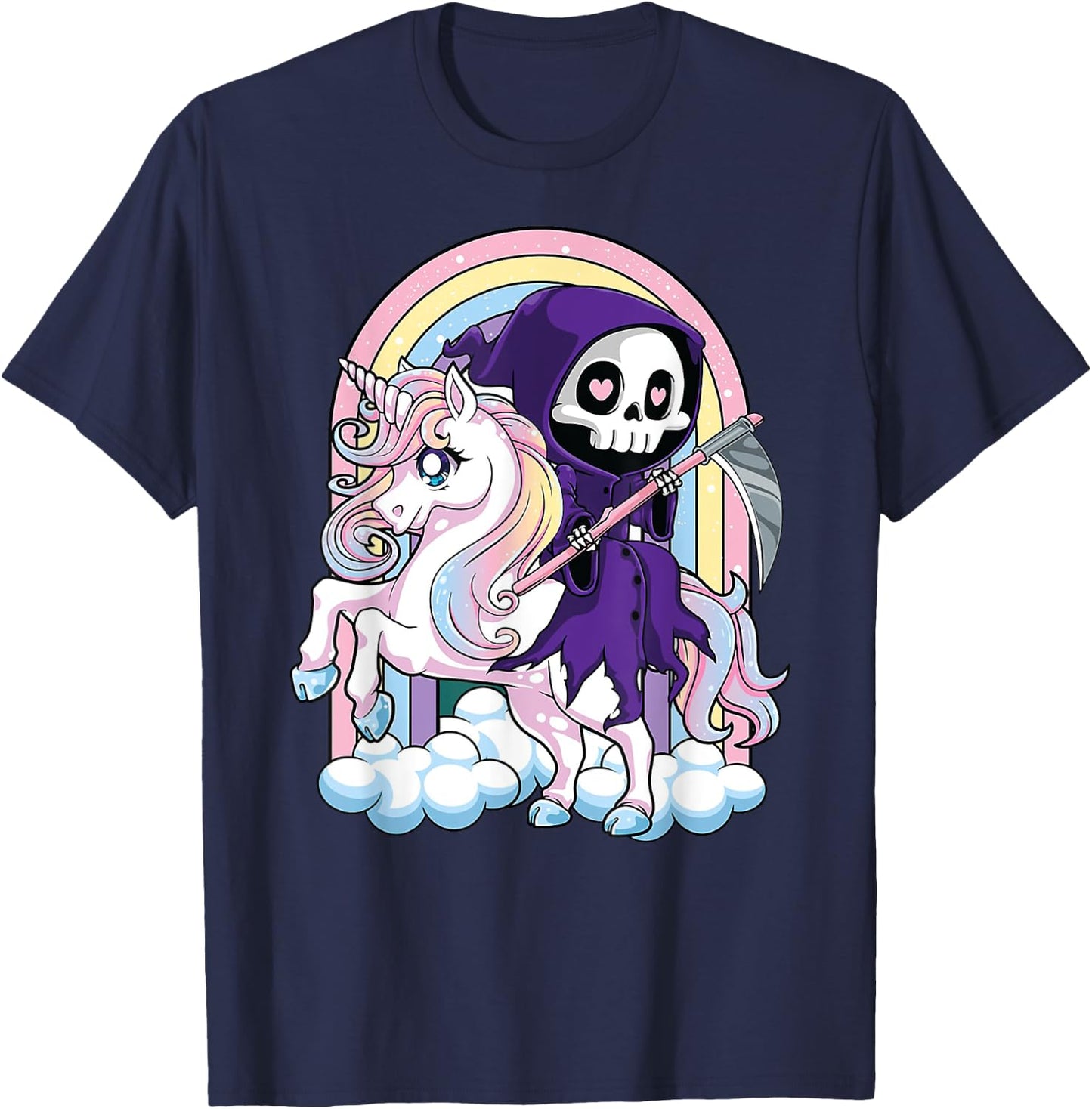 Kawaii Pastel Goth Cute Halloween Grim Reaper Riding Unicorn T-Shirt - T-Shirt | Navy