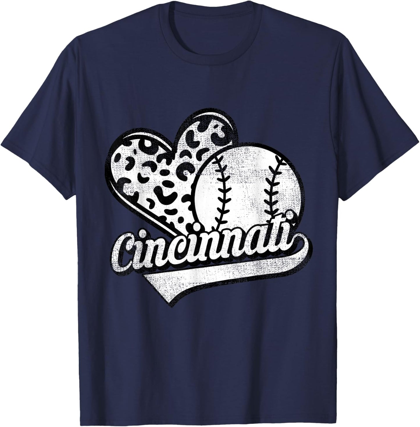 Vintage Cincinnati Baseball Leopard Heart Baseball Fans T-Shirt - T-Shirt | Navy
