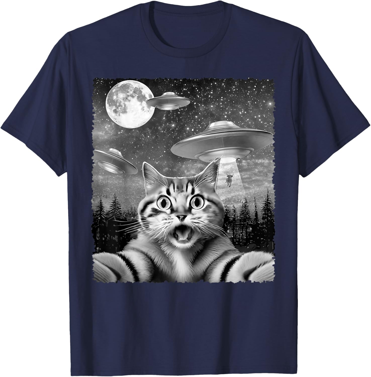 Funny Alien Cat Selfie with UFOs Gift Men Women Kids T-Shirt - T-Shirt | Navy