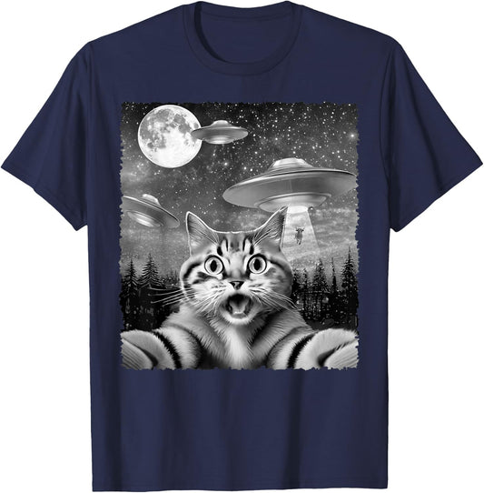 Funny Alien Cat Selfie with UFOs Gift Men Women Kids T-Shirt - T-Shirt | Navy