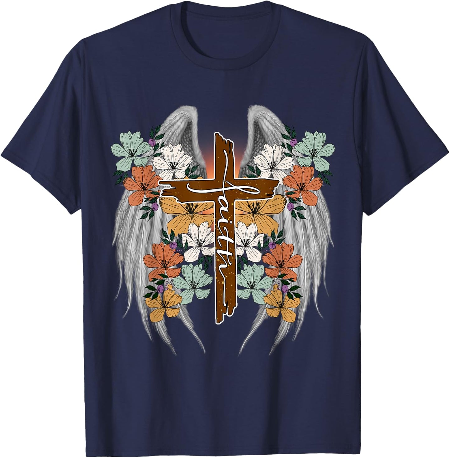 Cross Flowers Angel wings Faith Religious T-Shirt - T-Shirt | Navy
